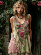 Load image into Gallery viewer, Women's Rose Embroidery Patchwork Print V-neck Linen Blend Tank Top