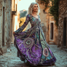 Load image into Gallery viewer, Vintage Star And Sun Embroidery Cotton Linen V Neck Mixi Dress