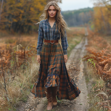 Load image into Gallery viewer, Women's Vintage V-neck Bohemian Pastoral Plaid Style Long-sleeve Maxi Long Dress