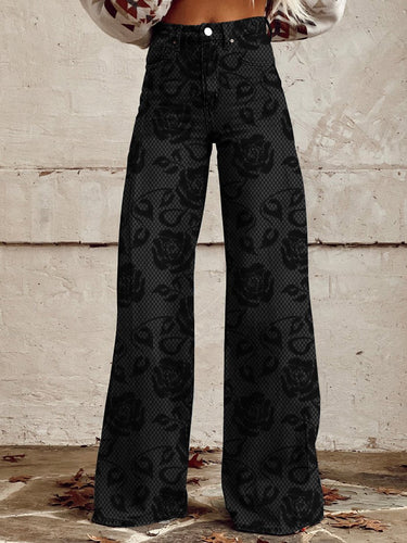 Women's Roses Lace Pattern Printed Casual Wide Leg Pants