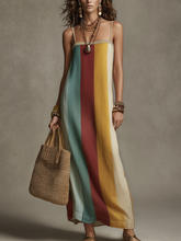 Load image into Gallery viewer, Bohemian Style Striped Color Block Spaghetti Strap Long Dress