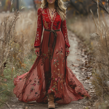 Load image into Gallery viewer, Women's Vintage V-neck Floral Bohemian Pastoral Style Long-sleeved Maxi Long Dress