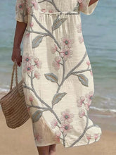 Load image into Gallery viewer, Women's Casual  Round Neck Mid Sleeve Print Cotton and Linen Dress