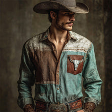 Load image into Gallery viewer, Western Bull Skull Leather Patchwork Men's Linen Long Sleeve Shirt