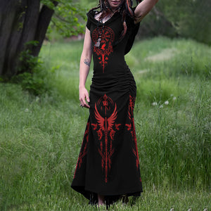 Viking Totem Print Suspender Hooded Maxi Dress