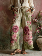 Load image into Gallery viewer, Vintage Floral Embroidered Art Print Linen Blend Pants