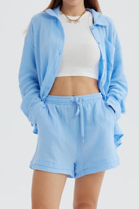 Long Sleeve Solid Color Shirt Shorts Set