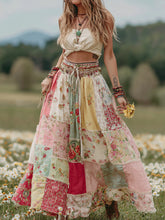 Load image into Gallery viewer, Vintage Boho Roses Patchwork Art Flowy Linen Skirt