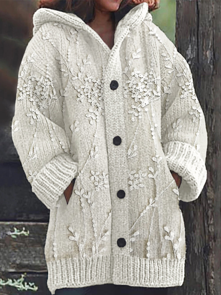 Classy Floral Lace Embroidered Knit Hooded Cardigan