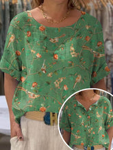 Load image into Gallery viewer, Women's Vintage Lovely Floral Birds Art Print Front And Back Wear Short Sleeve Cotton Shirt