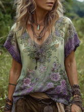 Load image into Gallery viewer, Vintage Flower Embroidery V-neck Short Sleeve Linen T-shirt