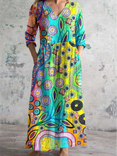 Load image into Gallery viewer, Women&#39;s V-Neck Colorful Bohemian Geometric Pattern Cotton And Linen Dress With Pockets