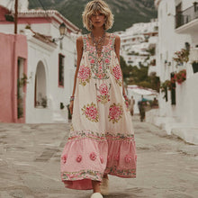 Load image into Gallery viewer, Women's Pink Rose Embroidery V-neck Loose Linen Blend Maxi Dress