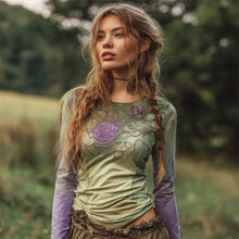 Load image into Gallery viewer, Vintage Purple Rose Embroidery Women's Gradient Long Sleeve Shirt