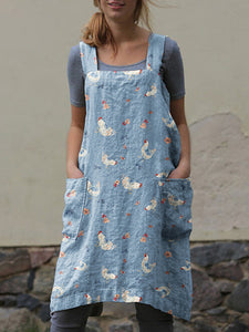 Farm Chicken Print Sling Pocket Apron Midi Dress
