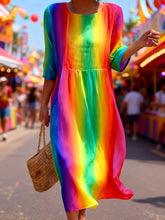 Load image into Gallery viewer, Women's Casual  Round Neck Mid Sleeve Print Cotton and Linen Dress