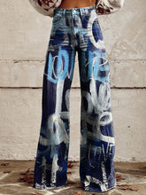 Load image into Gallery viewer, Women&#39;s Blue and White Love Print Casual Wide Leg Pants