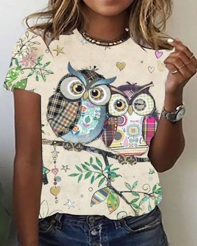 Casual Owl-Print Short Sleeve Shirts&Topss