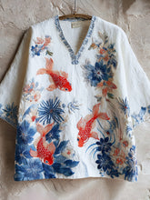 Load image into Gallery viewer, Goldfish &amp; Flower Embroidery Japanese Style Women's Linen V-neck Shirt