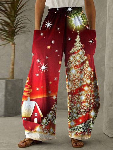 Shining Christmas Tree Pattern Print Women Wide-leg Festival Pants