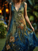 Load image into Gallery viewer, Vintage Floral Embroidered Contrast Linen Maxi Dress