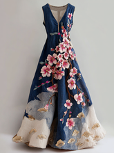 Load image into Gallery viewer, Women's Vintage Japanese Cherry Blossom And Fan Leaf Linen Dress