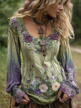 Load image into Gallery viewer, Classy Gradient Purple Lavender And Floral Embroidered Linen Long Sleeve Shirt