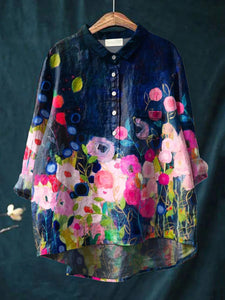 Women's Floral Art Print Casual Cotton And Linen Shirt