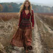 Load image into Gallery viewer, Women's Retro V-neck Plaid Long-sleeve Bohemian Pastoral Style Maxi Long Dress