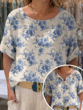 Load image into Gallery viewer, Women's Vintage Lovely Floral Art Print Front And Back Wear Short Sleeve Cotton Shirt