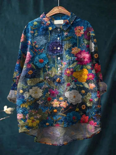 Women's Lapel Button Design Plant Floral Casual Long Sleeve Shirt