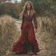 Load image into Gallery viewer, Women's Retro V-neck Plaid Long-sleeve Bohemian Pastoral Style Maxi Long Dress