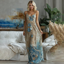 Load image into Gallery viewer, Vintage Marble Texture Collection Bohemia Gradient Gilded With Rose Pattern Linen Suspender Long Dress