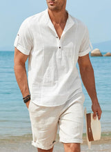Load image into Gallery viewer, Mens Cotton Linen Henley Shirt Casual Button Down Short Sleeve Tropical Shirts Summer Beach T Shirts