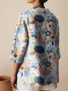 Women's Floral Art  Print Casual Linen Cotton 3/4 Sleeve Shirt