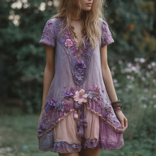 Load image into Gallery viewer, Women's Retro Purple Floral Stitching Casual Short Sleeve Dress