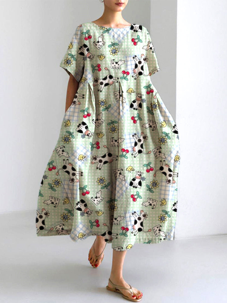 Women's Farm Animals Print Linen Blend Casual Dress