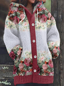 Floral Print Long Sleeve Knitted Hooded Cardigan