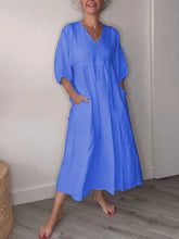 Load image into Gallery viewer, Women's V-neck Solid Color Mid-length Sleeve Cotton and Linen Dress