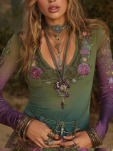 Load image into Gallery viewer, Vintage Western Boho Collection Purple Floral Embroidered Linen Long Sleeve T-shirt