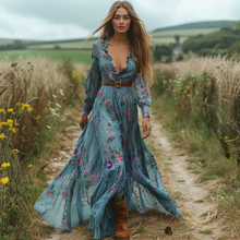 Load image into Gallery viewer, Women's Vintage Country Pastoral Linen Style Long-sleeve Maxi Long Dress