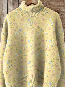 Sweet Spring Floral Pattern Printed Knit Turtleneck Pullover Sweater