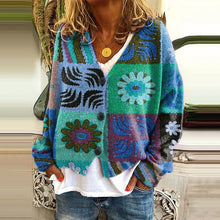 Load image into Gallery viewer, Vintage Printed V-Neck Long Sleeved Knitted Cardigan