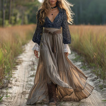 Load image into Gallery viewer, Women's Retro Pastoral Style Lace Long-sleeve Linen Maxi Long Dress