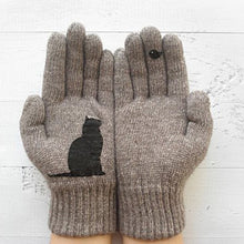 Load image into Gallery viewer, Warm Cat Bird Print Wool Knitted Gloves