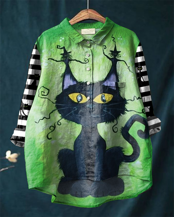 Halloween Black Cat Striped Contrast Cotton and Linen Shirt