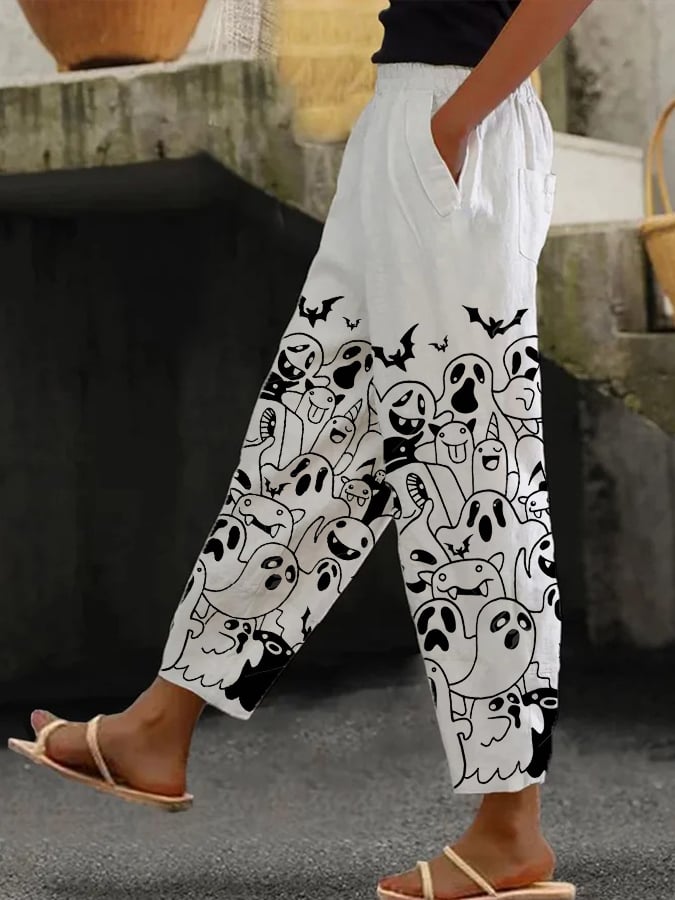 Women's Ghost Print Wide-Leg Pants