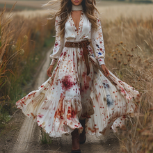 Load image into Gallery viewer, Women's Retro V-neck Linen Pastoral Halloween Style Long-sleeve Maxi Long Dress