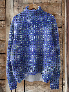 Vintage Glitter Pattern Art Print Knit Turtleneck Pullover Sweater