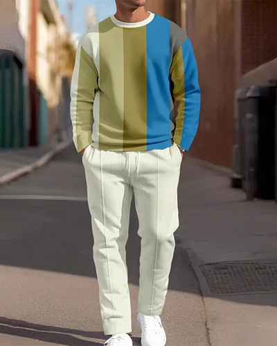 Men's Simple Colorblock Round Neck Casual Sports Set 0178